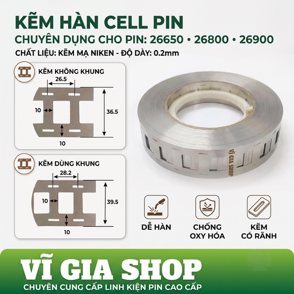 Cuộn Kẽm Hàn Cell Pin 26650 - 26800 - 26900 Dày 0.2mm (500g Mạ Niken Có Khung & Không Khung)