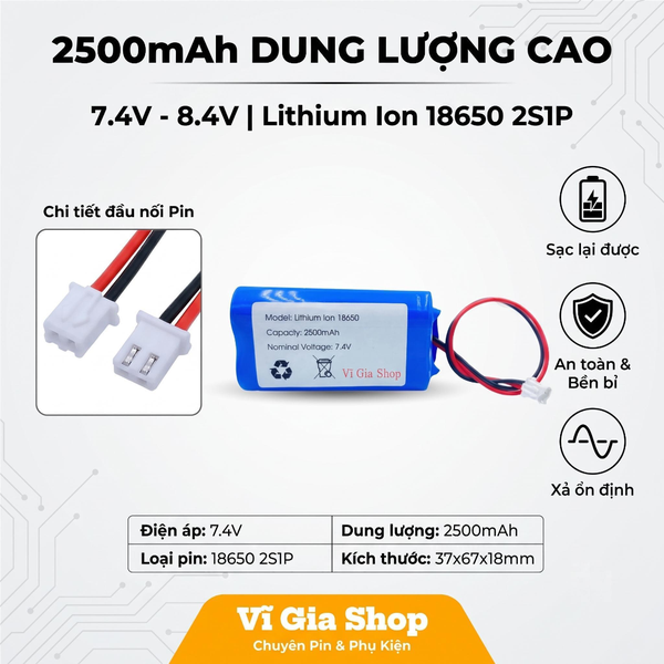 Pin Sạc Lithium-ion 2S 7.4V 2500mAh Jack XH 2.54mm 2P (Tích Hợp Mạch BMS)