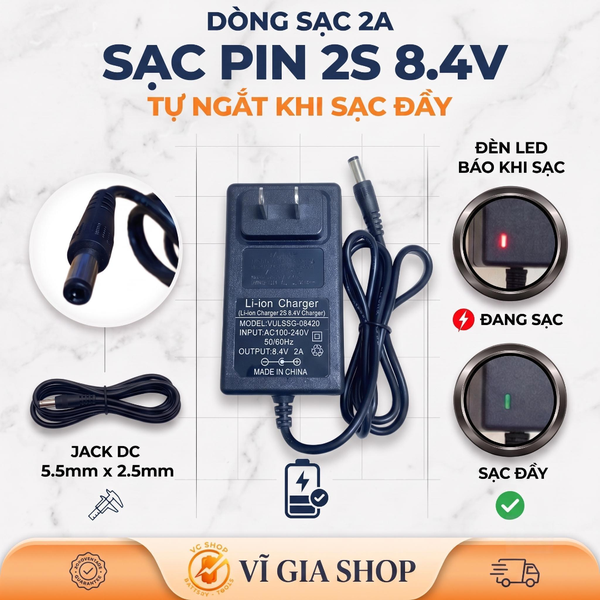 Sạc Pin Li-ion 2S 8.4V 2A Tự Ngắt Chân Cắm DC 5.5x2.5mm (Dùng Cho Pin 7.4V - 8.4V)