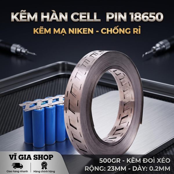 Cuộn Kẽm Xéo Hàn Cell Pin 18650 Bản Rộng 23mm Dày 0.2mm (Cuộn 500g Mạ Niken)