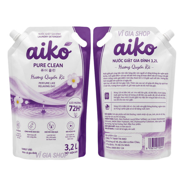 Nước Giặt Sinh Học AIKO Túi Đại 3.2L Đậm Đặc Hương Tươi Mới Kháng Khuẩn Bền Màu Vải