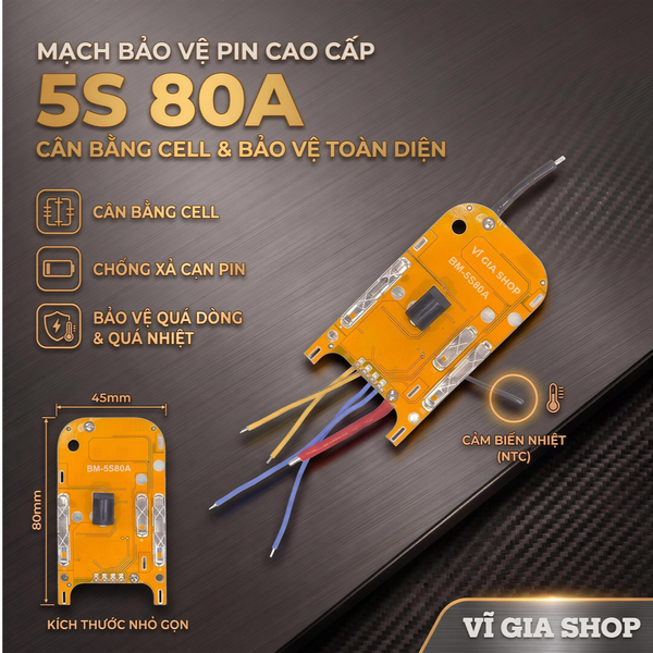 Mạch Pin 5S 18V - 21V 80A Chân Phổ Thông M21 Có Cảm Biến Quá Nhiệt NTC