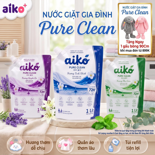 Nước Giặt Sinh Học AIKO Túi 1L Đậm Đặc Hương Hoa Tự Nhiên Tiết Kiệm Dùng Thử