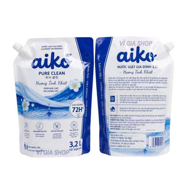 Nước Giặt Sinh Học AIKO Túi Đại 3.2L Đậm Đặc Hương Tươi Mới Kháng Khuẩn Bền Màu Vải