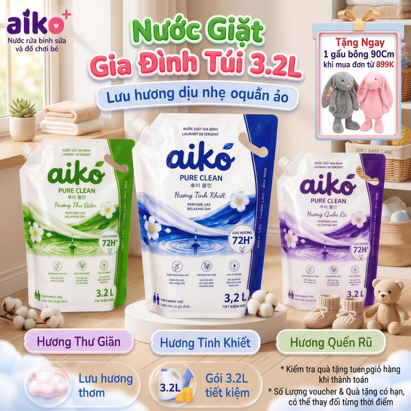 Nước Giặt Sinh Học AIKO Túi Đại 3.2L Đậm Đặc Hương Tươi Mới Kháng Khuẩn Bền Màu Vải