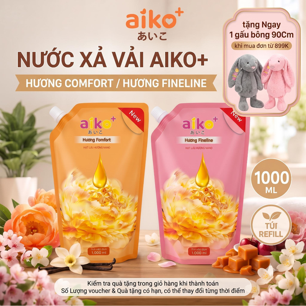 Nước Xả Vải AIKO Túi 1L Công Nghệ Hạt Lưu Hương Nano Mềm Vải Tự Nhiên
