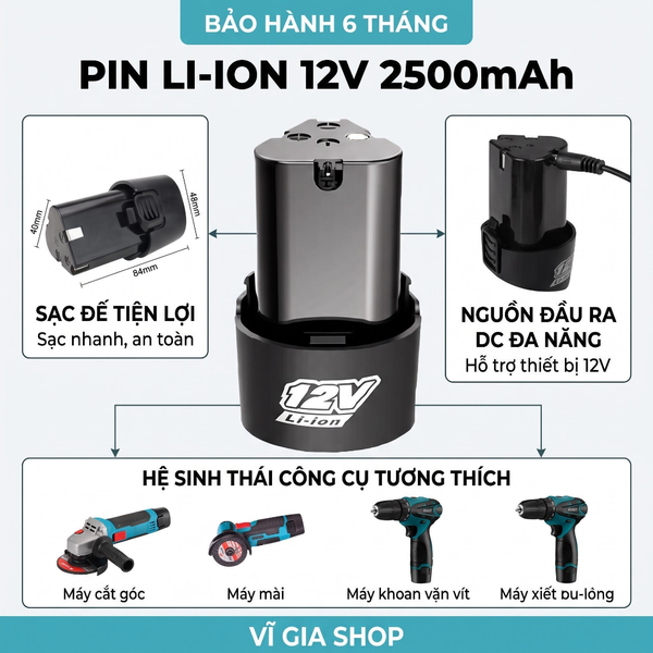 Pin Đóng 12V Tam Giác 2500mAh Dòng Xả Cao 25A Cho Máy Khoan Cầm Tay Mini