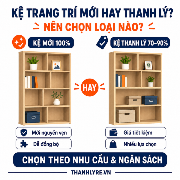 Kệ Trang Trí Mới 100% Hay Thanh Lý 70–90%? Chọn Đúng Nhu Cầu Để Mua Tiết Kiệm Hơn