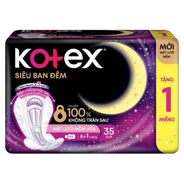 Băng Vệ Sinh Kotex Siêu Ban Đêm 35CM Đệm Sau (8 Miếng + 1 Miếng * 24 Gói)