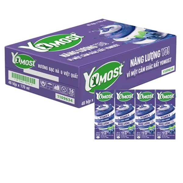 Sữa Chua Lên Men Thanh Trùng Yomost Bạc Hà Việt Quất (170ML*48 hộp)