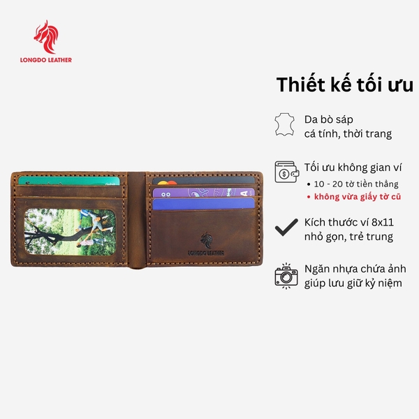 Ví ngang nam da bò sáp thiết kế tinh tế, có ngăn đựng hình thẻ bảo hành 5 năm - B06