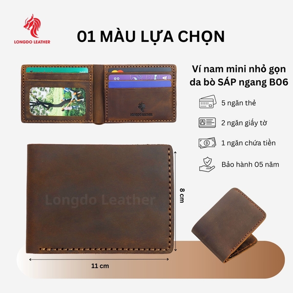 Ví ngang nam da bò sáp thiết kế tinh tế, có ngăn đựng hình thẻ bảo hành 5 năm - B06