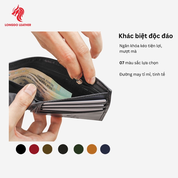 Ví da nam cao cấp dáng ngang có khóa kéo bảo hành 05 năm thương hiệu Longdo Leather