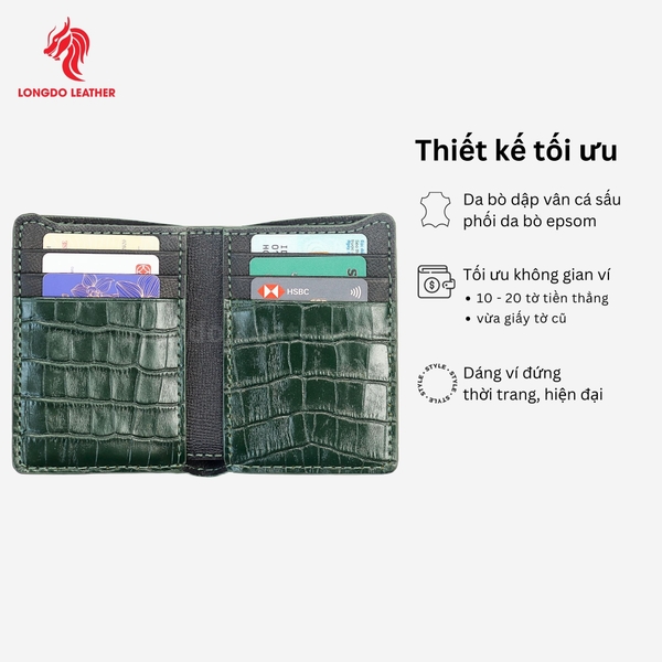 Ví da bò cao cấp dập vân sấu, thiết kế ấn tượng đường chỉ may chắc chắn bền bỉ