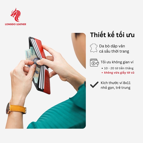 Ví da nam xịn da bò thật dập vân cá sấu, thiết kế trẻ trung bền bỉ  - B08