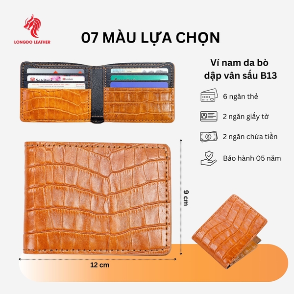 Ví nam hàng hiệu da bò dập vân cao cấp, đường chỉ may thủ công bền đẹp - B13