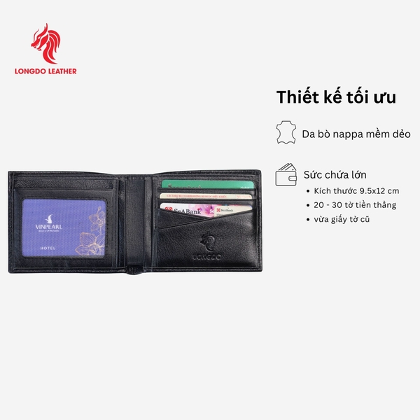 Ví da nam cao cấp dáng ngang có khóa kéo bảo hành 05 năm thương hiệu Longdo Leather