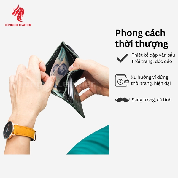 Ví da bò cao cấp dập vân sấu, thiết kế ấn tượng đường chỉ may chắc chắn bền bỉ
