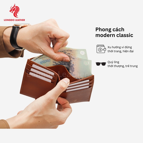 Ví da bò nam cao cấp dáng đứng phong cách sang trọng, bảo hành 5 năm thương hiệu Longdo Leather