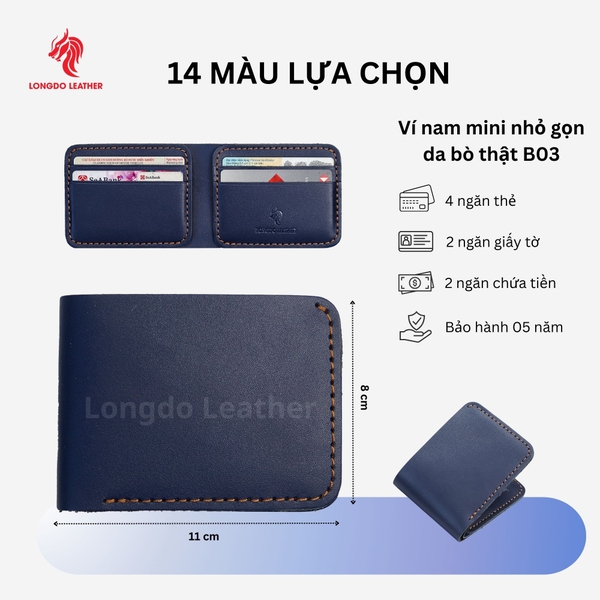 Ví da nam nhỏ gọn da bò thật bảo hành 5 năm thương hiệu Longdo Leather - B03