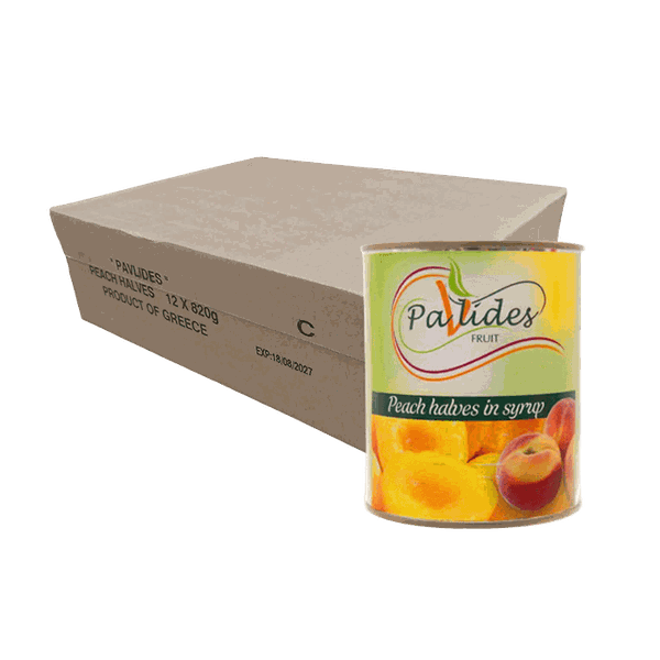 [Thùng] Đào Cắt Nửa Trái Ngâm Nước Đường Pavlides 820g x 12 Lon
