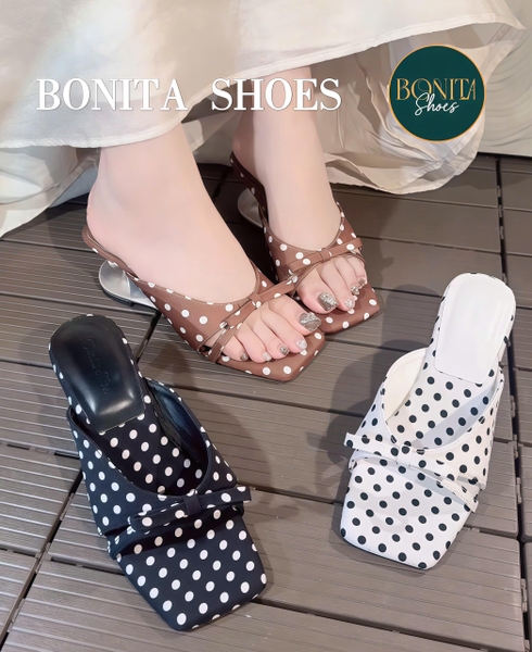 G513 Cao gót nữ Bonita Shoes CHẤM BI quai ngang nơ mũi vuông cao 6cm - NS1