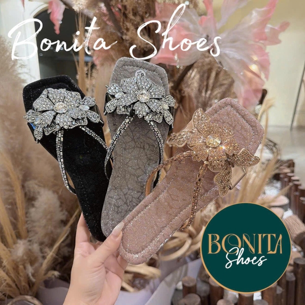 NS58 Dép đế bệt mũi vuông quai kẹp đá mảnh BÔNG phối - Bonita Shoes D28