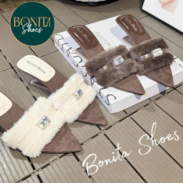 G800 Cao gót nữ Bonita Shoes mũi nhọn quai lông HỘT ĐÁ - NS12