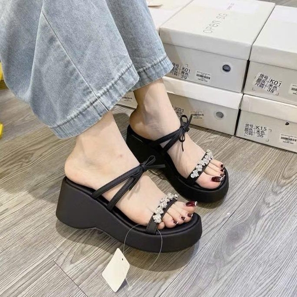 BM241 Dép xuồng nữ Bonita Shoes quai ngang đá liti phối nơ thắt 6 cm - NS2