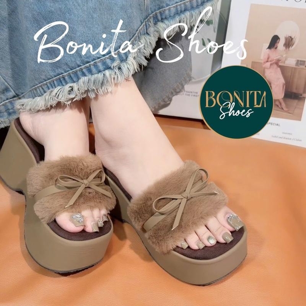 BM266 Dép xuồng nữ Bonita Shoes quai bản LÔNG MỀM phối quai ngang nơ nhí cao 7 cm -  NS1