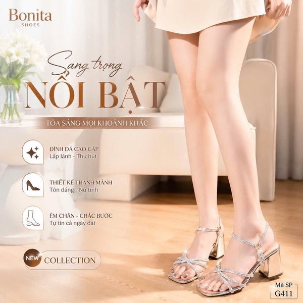 G411 Sandal cao gót nữ Bonita Shoes mũi vuông đính đá quai KHOÁ KÉO lót bạc tráng gương cao 7cm - NS1