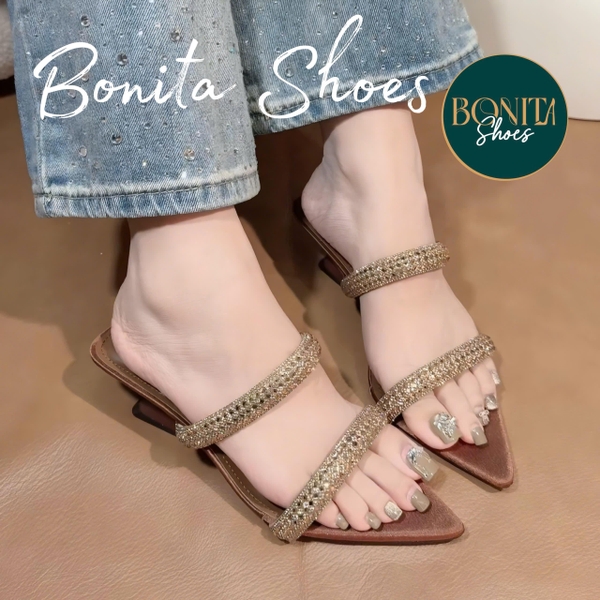 N58 Guốc cao gót mũi nhọn quai ngang 2 dây đá gót pháp - Bonita Shoes GP224