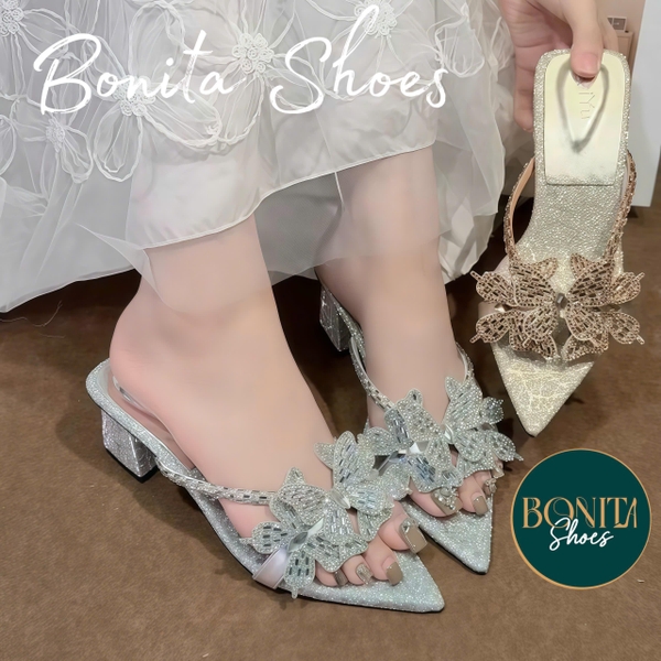 G701 Guốc cao gót nữ Bonita Shoes quai ngang đính đá B bông cao 5 phân - NS58