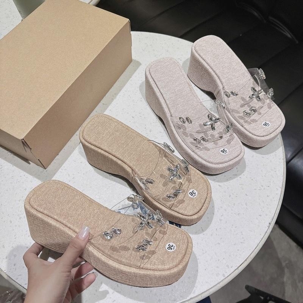 N12 Dép xuồng quai ngang mica đính đá lót vải đế 7cm - BM242
