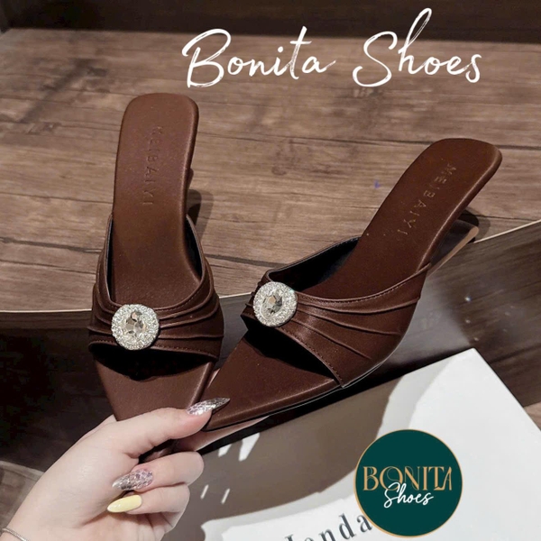G288 Guốc cao gót nữ Bonita Shoes mũi nhọn quai ngang nhúm đính đá gót pháp sang trọng - NS12