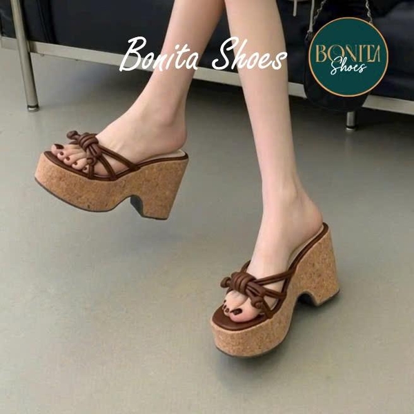 D706 Dép xuồng nữ Bonita Shoes đế gỗ quai xoắn thắt nút cao 9cm (FORM RỘNG) - NS12
