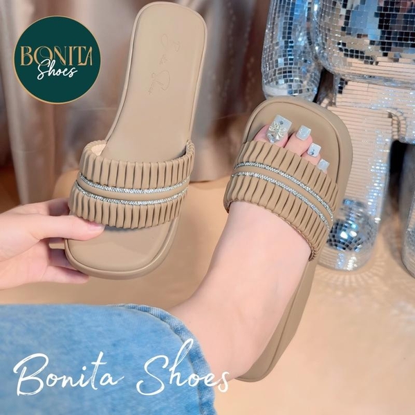 N2 Dép xuồng bánh mì nữ quai ngang xếp ly 2 quai đường đá nhúm đế 7 cm - BM252