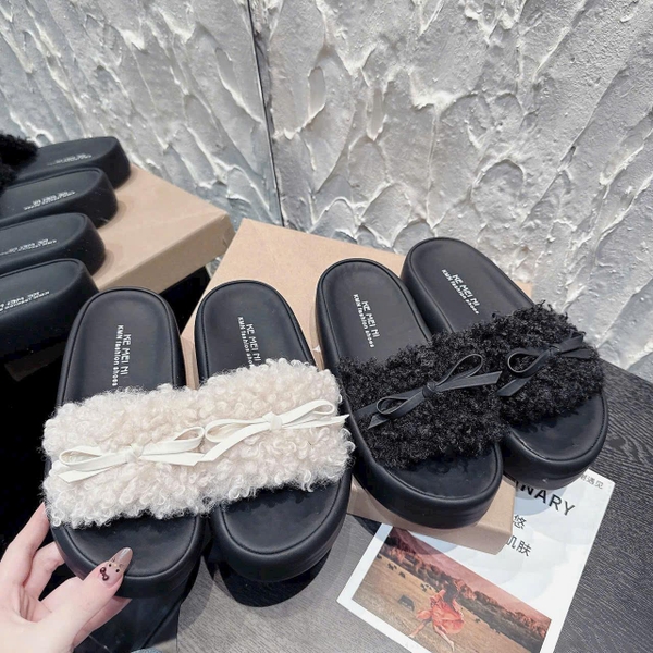 DX192 Dép xuồng nữ Bonita Shoes quai bản ngang lông xù xoắn đính nơ siêu xinh cao 7cm - NS12