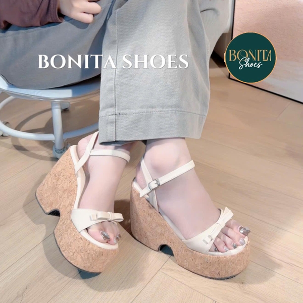 BMC275 Sandal xuồng nữ Bonita Shoes đế GỖ quai ngang Nơ thắt cao 11cm - NS1