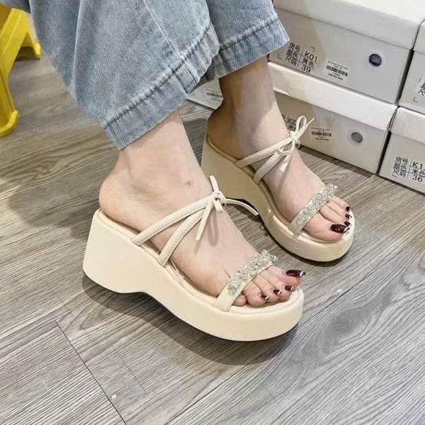 BM241 Dép xuồng nữ Bonita Shoes quai ngang đá liti phối nơ thắt 6 cm - NS2