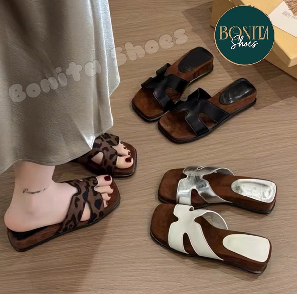 DX288 Dép bệt nữ Bonita Shoes quai ngang HHH da mềm lót nâu đế 3 cm - NS1