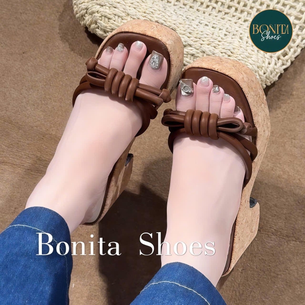 D706 Dép xuồng nữ Bonita Shoes đế gỗ quai xoắn thắt nút cao 9cm (FORM RỘNG) - NS12