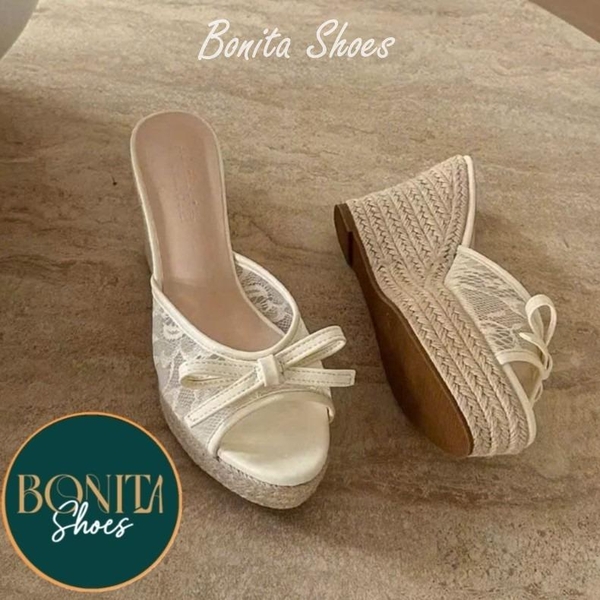 BMC408 Dép xuồng nữ đế cối Bonita Shoes quai ngang LƯỚI thắt nơ cao 11cm - NS12