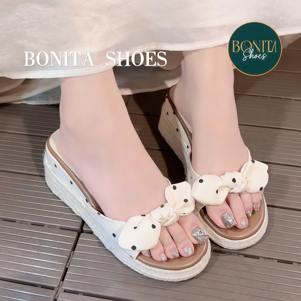 D526 NS1 Dép xuồng nữ đế cối mũi tròn CHẤM BI quai ngang Nơ thắt cao 5cm - BONITA SHOES