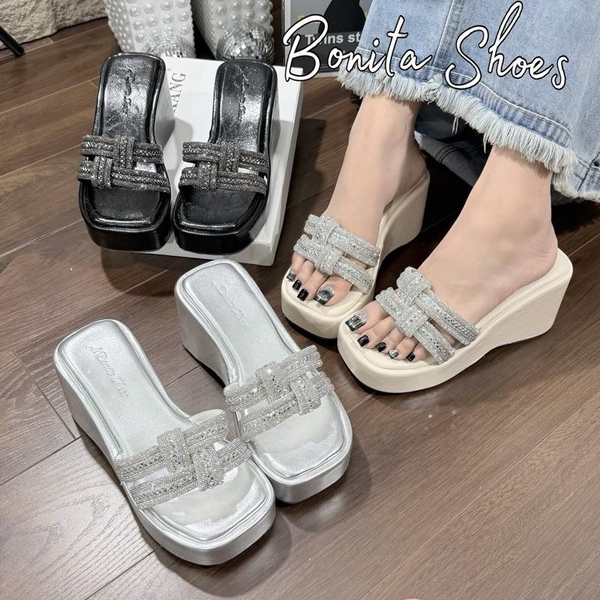 BM288 Dép xuồng bánh mì nữ Bonita Shoes 2 quai ĐÁ ĐAN da mềm xinh cao 7 phân - NS2