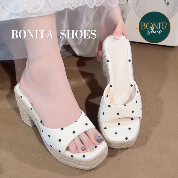 D145 Dép xuồng nữ đế cối Bonita Shoes eo L quai ngang CHẤM BI cao 8cm - NS1