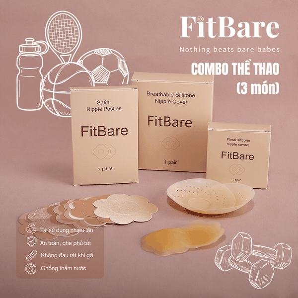 Combo Thể Thao FitBare (3 Món) - 01 Cặp Dán Ngực Silicone Tự Thân & 01 Thoáng Khí & 01 Hoa Chống Nước, Kháng Mồ Hôi
