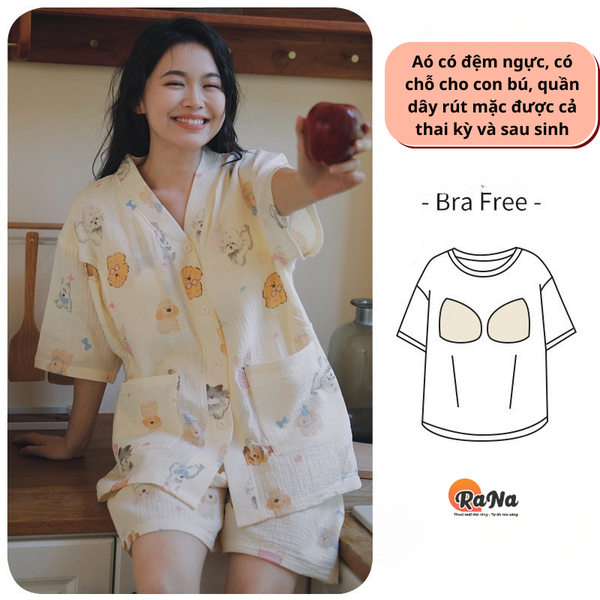 Bộ ngủ pyjama Rana có chỗ cho con bú áo đệm ngực quần có dây rút