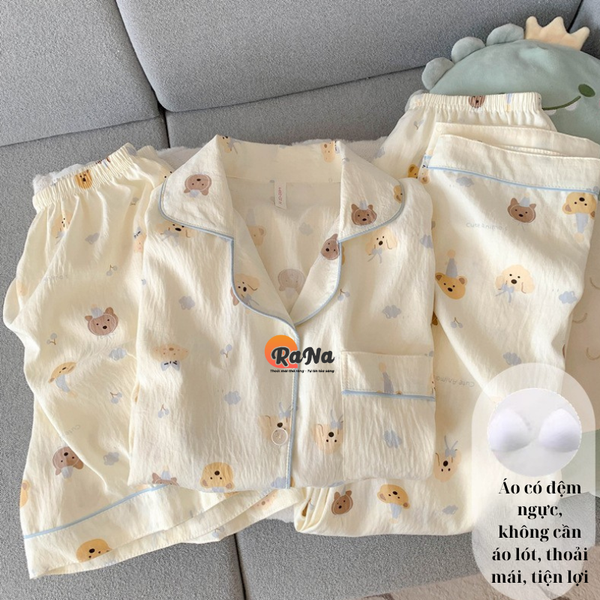 Đồ Bộ Nữ 3 Món Có Đệm Ngực – Áo Tay Lỡ, Quần Dài & Quần Đùi