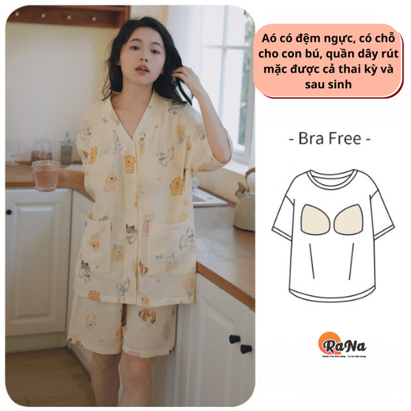 Bộ ngủ pyjama Rana có chỗ cho con bú áo đệm ngực quần có dây rút